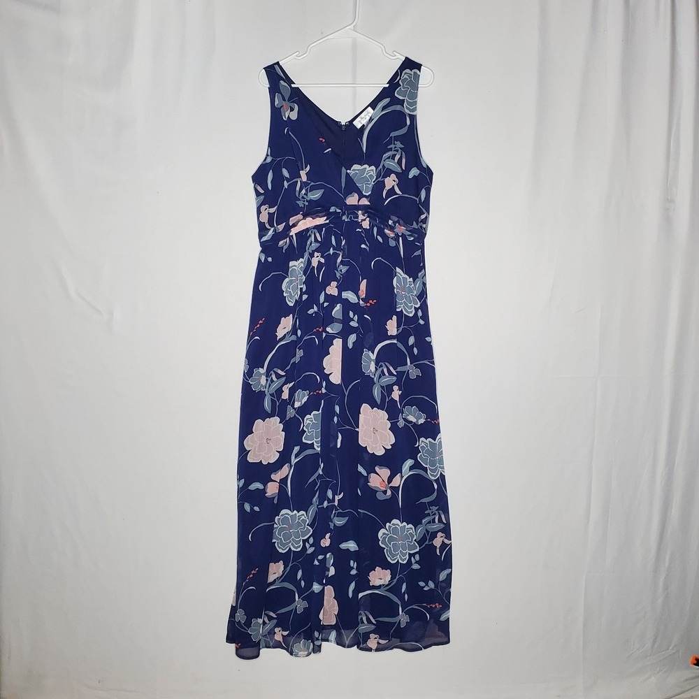 Motherhood Maternity Maxi Dress Large Blue Floral Chiffon Tie Waist Feminine
